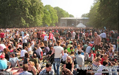 Een zee van mensen in een park voor het podium van Bevrijdingspop in Haarlem.