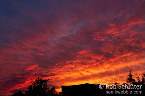 Tegen het zwarte silhouet van bomen en het dak van een huis zet de zon bij een zonsondergang van onderaf de wolken in brand in golven van lichtoranje naar dieprood tegen de donkerblauwe achtergrond van de lucht.